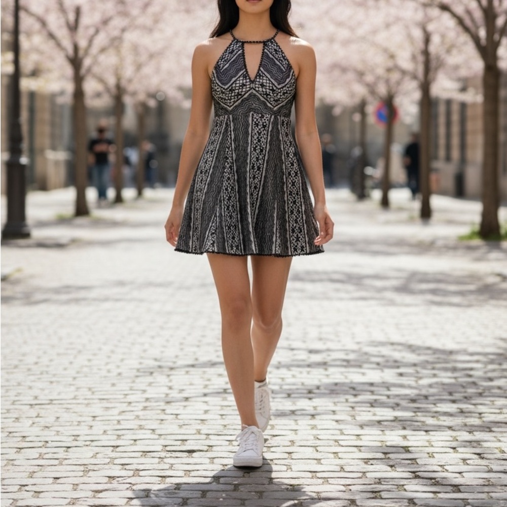 Free People Black and White Lace Mini Dress Size 8